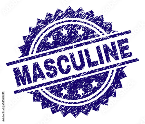 MASCULINE stamp seal watermark with distress style. Blue vector rubber print of MASCULINE title with unclean texture.