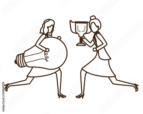 businesswomen with trophy and light bulb character