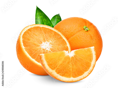 whole and half orange fruit with green leaves isolated on white background