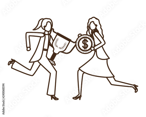 businesswomen with trophy and coin character