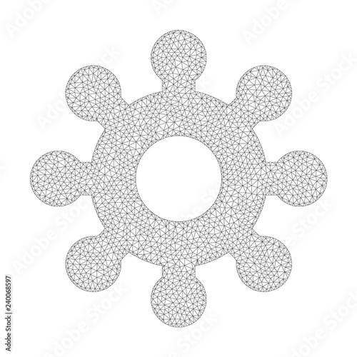Polygonal vector mechanics gear icon on a white background. Mesh carcass grey mechanics gear image in lowpoly style with organized triangles, dots and linear items.