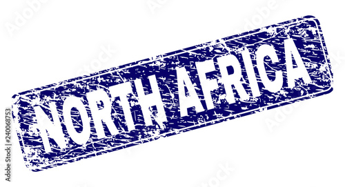 NORTH AFRICA stamp seal print with grunge texture. Seal shape is a rounded rectangle with frame. Blue vector rubber print of NORTH AFRICA title with unclean style.