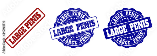 LARGE PENIS grunge stamp seals in red and blue colors. Vector LARGE PENIS overlays with grunge style. Graphic elements are rounded rectangles, rosettes, circles and text labels.
