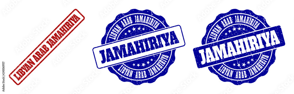 Fototapeta premium LIBYAN ARAB JAMAHIRIYA grunge stamp seals in red and blue colors. Vector LIBYAN ARAB JAMAHIRIYA marks with grunge surface. Graphic elements are rounded rectangles, rosettes, circles and text labels.