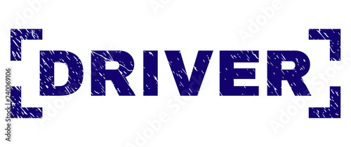 DRIVER text seal print with distress texture. Text caption is placed between corners. Blue vector rubber print of DRIVER with scratched texture.