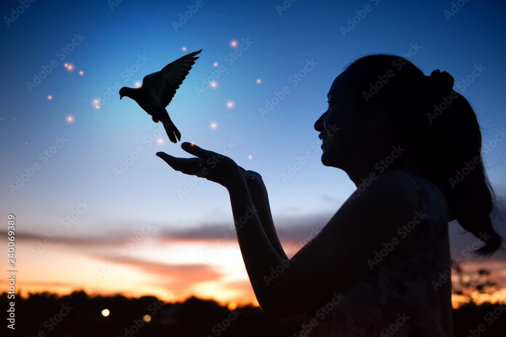 Premium Photo  Woman praying and free bird enjoying nature on sunset  background hope concept