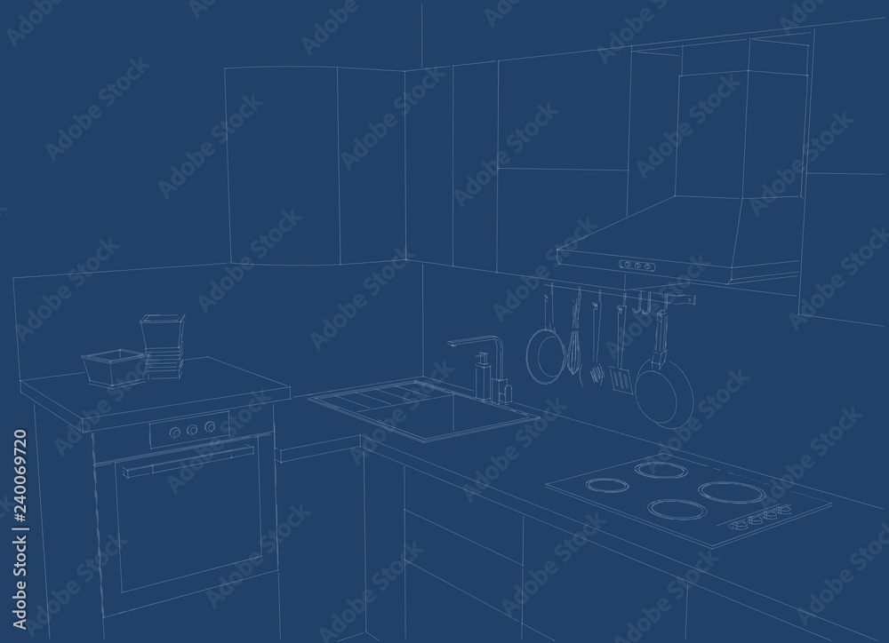 Layout of modern L-shaped kitchen counter. White lines on a blue background.