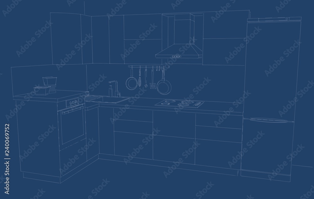 Blueprint of modern kitchen. White lines on a blue background.