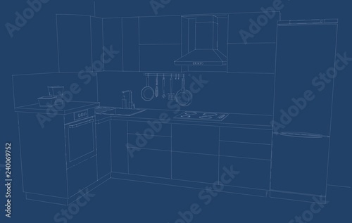 Blueprint of modern kitchen. White lines on a blue background.