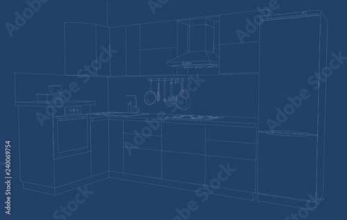 Layout of modern kitchen. White lines on a blue background. Front view. 
