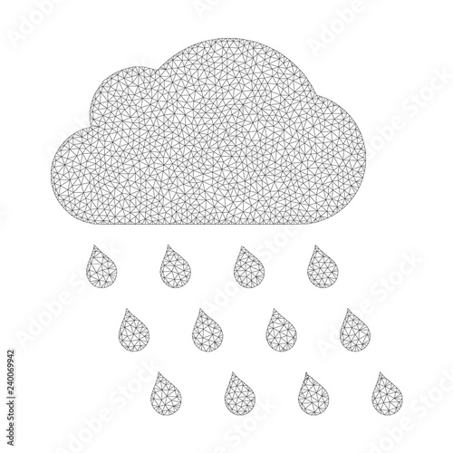 Polygonal vector rain cloud icon on a white background. Polygonal wireframe grey rain cloud image in lowpoly style with connected triangles, nodes and linear items.