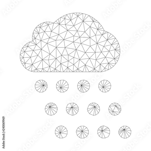 Mesh vector rain cloud icon on a white background. Polygonal wireframe gray rain cloud image in lowpoly style with structured triangles, dots and linear items.