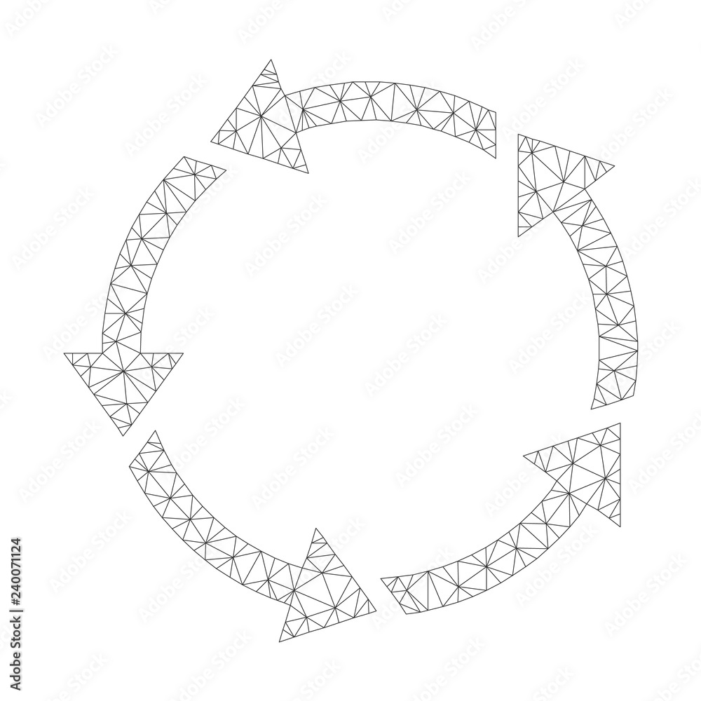 Polygonal vector rotation icon on a white background. Mesh carcass gray rotation image in low poly style with structured triangles, nodes and linear items.
