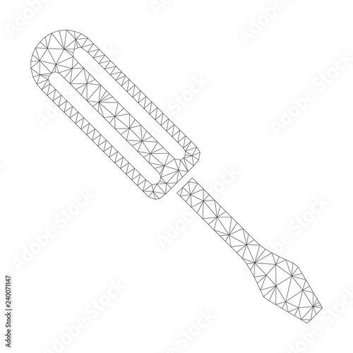 Mesh vector screwdriver icon on a white background. Mesh wireframe dark gray screwdriver image in low poly style with organized triangles, dots and linear items.