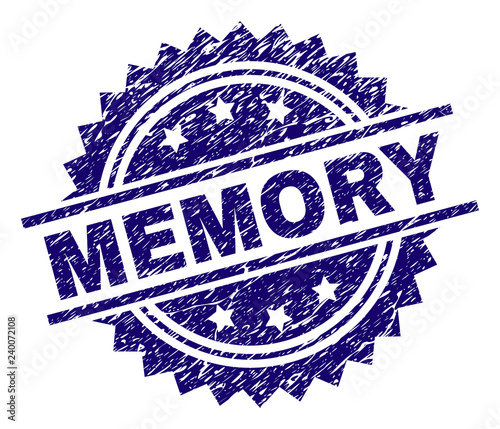 MEMORY stamp seal watermark with distress style. Blue vector rubber print of MEMORY caption with dust texture.