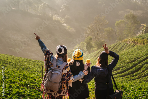 The 3 Asian female Travelers with The beautiful Landscape, strawberry plantation in the morning with the mist, at Ban Nor Lae, Doi Ang Khang, Chaing Mai, Thailand. Explore with best friend
