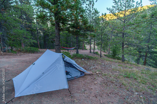 Campsite with tent and hammock in a National Forest