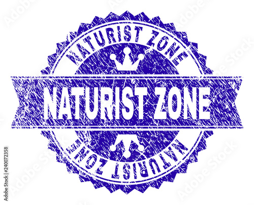 NATURIST ZONE rosette seal watermark with distress texture. Designed with round rosette, ribbon and small crowns. Blue vector rubber watermark of NATURIST ZONE caption with scratched texture.