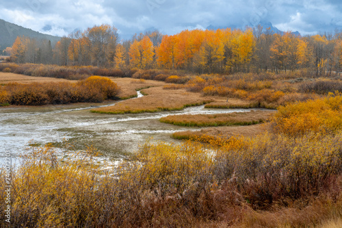 Autumn Colors of Mountain and Lake in the Grand Tetons, National Park
