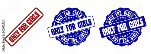 ONLY FOR GIRLS grunge stamp seals in red and blue colors. Vector ONLY FOR GIRLS watermarks with grunge texture. Graphic elements are rounded rectangles, rosettes, circles and text titles.