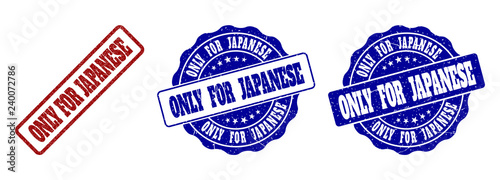 ONLY FOR JAPANESE grunge stamp seals in red and blue colors. Vector ONLY FOR JAPANESE watermarks with grunge surface. Graphic elements are rounded rectangles, rosettes, circles and text titles.