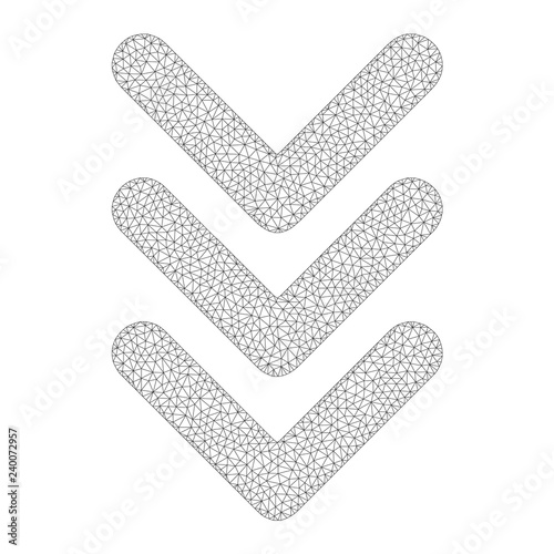 Polygonal vector triple arrowhead down icon on a white background. Polygonal carcass grey triple arrowhead down image in lowpoly style with combined triangles, points and linear items.