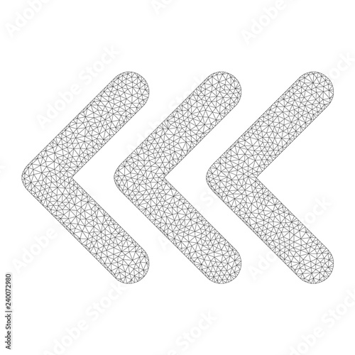 Mesh vector triple arrowhead left icon on a white background. Polygonal wireframe grey triple arrowhead left image in low poly style with structured triangles, dots and lines.