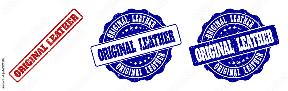Fototapeta premium ORIGINAL LEATHER grunge stamp seals in red and blue colors. Vector ORIGINAL LEATHER signs with distress texture. Graphic elements are rounded rectangles, rosettes, circles and text captions.