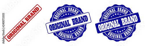 ORIGINAL BRAND grunge stamp seals in red and blue colors. Vector ORIGINAL BRAND labels with grunge surface. Graphic elements are rounded rectangles, rosettes, circles and text captions.