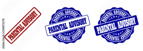 PARENTAL ADVISORY grunge stamp seals in red and blue colors. Vector PARENTAL ADVISORY signs with grunge texture. Graphic elements are rounded rectangles, rosettes, circles and text titles.