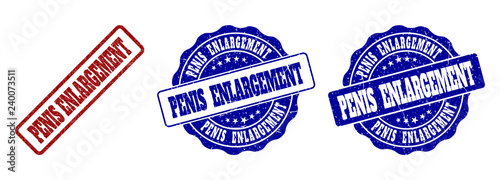 PENIS ENLARGEMENT grunge stamp seals in red and blue colors. Vector PENIS ENLARGEMENT watermarks with grunge surface. Graphic elements are rounded rectangles, rosettes, circles and text labels.
