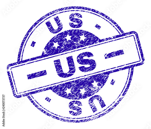 US stamp seal watermark with distress texture. Designed with rounded rectangles and circles. Blue vector rubber print of US tag with dirty texture.