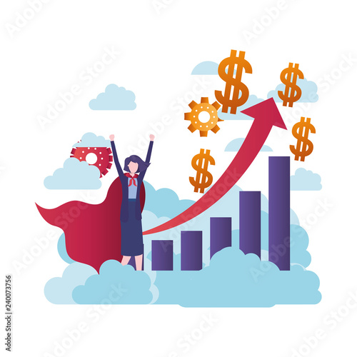 businesswoman with hero and graph with arrow