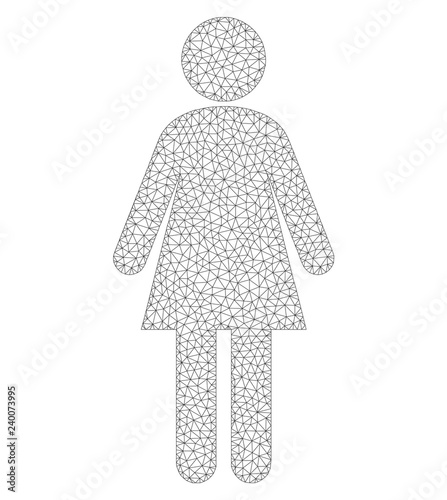 Polygonal vector woman icon on a white background. Polygonal carcass grey woman image in lowpoly style with structured triangles, nodes and lines.