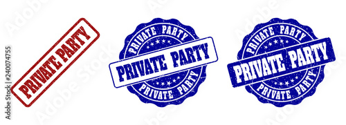 PRIVATE PARTY grunge stamp seals in red and blue colors. Vector PRIVATE PARTY signs with grunge effect. Graphic elements are rounded rectangles, rosettes, circles and text captions.