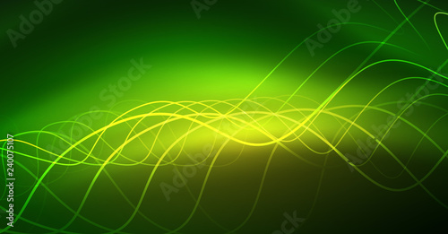 Abstract shiny glowinng color wave design element on dark background - science or technology concept