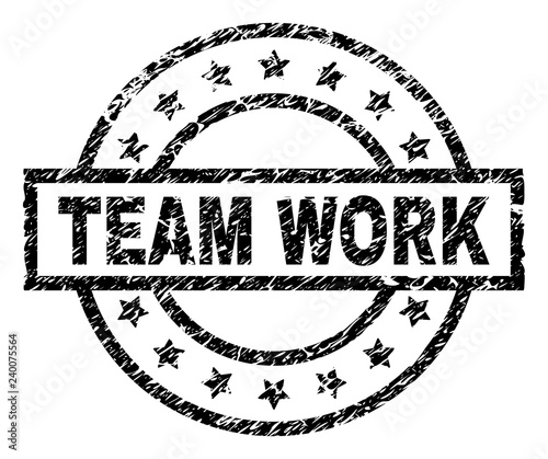 TEAM WORK stamp seal watermark with distress style. Designed with rectangle, circles and stars. Black vector rubber print of TEAM WORK label with scratched texture.