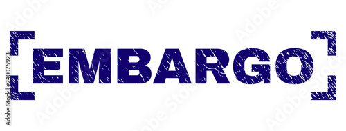 EMBARGO title seal print with corroded texture. Text title is placed inside corners. Blue vector rubber print of EMBARGO with grunge texture.