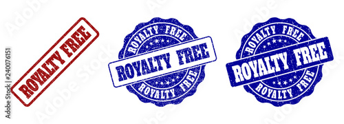 ROYALTY FREE grunge stamp seals in red and blue colors. Vector ROYALTY FREE signs with grunge style. Graphic elements are rounded rectangles, rosettes, circles and text captions.