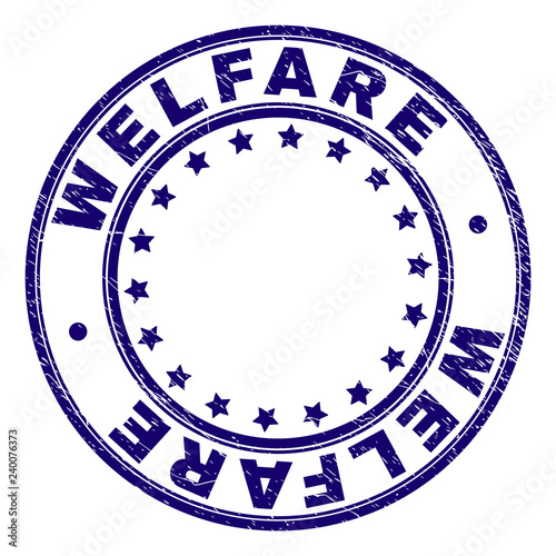 WELFARE stamp seal imprint with grunge texture. Designed with circles and stars. Blue vector rubber print of WELFARE tag with grunge texture.