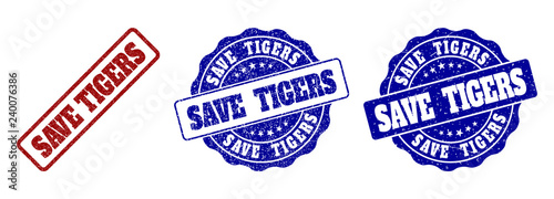 SAVE TIGERS grunge stamp seals in red and blue colors. Vector SAVE TIGERS labels with grunge effect. Graphic elements are rounded rectangles, rosettes, circles and text tags.