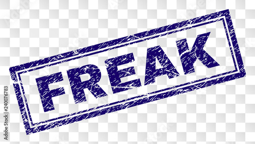 FREAK stamp seal watermark with rubber print style and double framed rectangle shape. Stamp is placed on a transparent background. Blue vector rubber print of FREAK title with grunge texture.