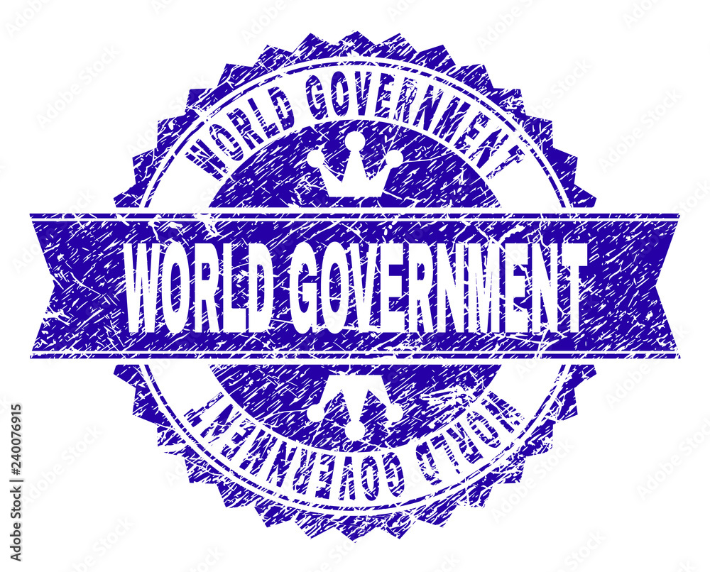 Obraz premium WORLD GOVERNMENT rosette stamp seal watermark with distress texture. Designed with round rosette, ribbon and small crowns. Blue vector rubber watermark of WORLD GOVERNMENT title with unclean texture.