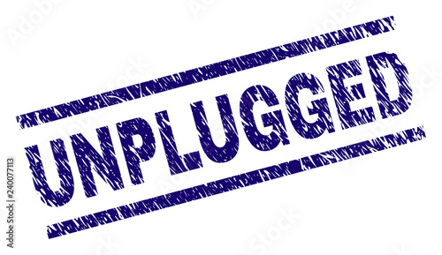 UNPLUGGED seal print with distress style. Blue vector rubber print of UNPLUGGED label with retro texture. Text label is placed between parallel lines.