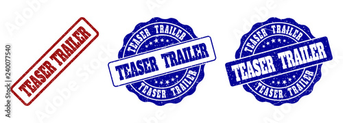 TEASER TRAILER grunge stamp seals in red and blue colors. Vector TEASER TRAILER overlays with grunge surface. Graphic elements are rounded rectangles, rosettes, circles and text labels.