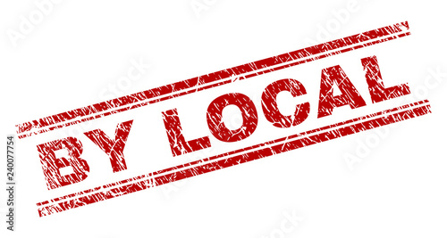 BY LOCAL seal print with distress texture. Red vector rubber print of BY LOCAL caption with unclean texture. Text caption is placed between double parallel lines.