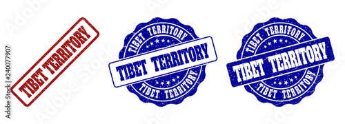 TIBET TERRITORY grunge stamp seals in red and blue colors. Vector TIBET TERRITORY signs with grunge style. Graphic elements are rounded rectangles, rosettes, circles and text captions.
