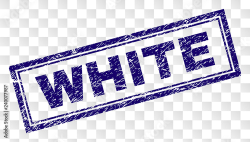WHITE stamp seal watermark with rubber print style and double framed rectangle shape. Stamp is placed on a transparent background. Blue vector rubber print of WHITE tag with unclean texture.