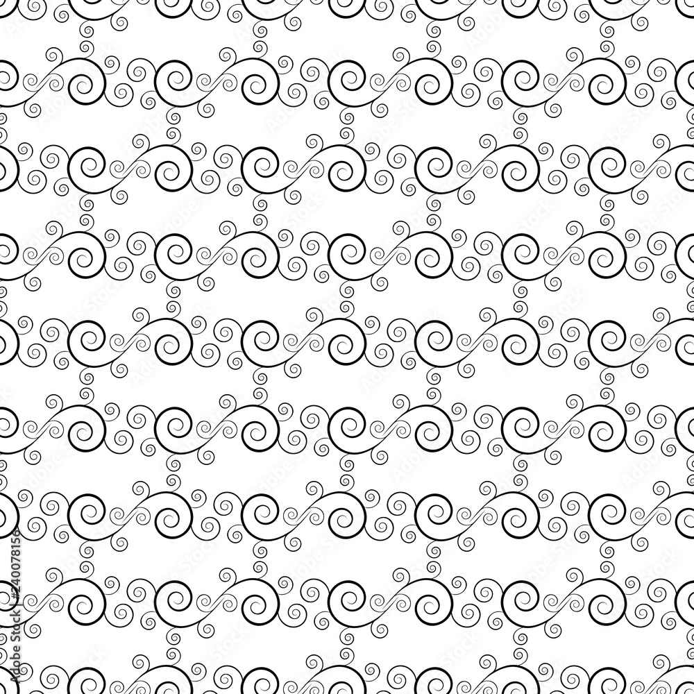 Black abstract spiral seamless pattern. Fashion graphic background design. Modern stylish abstract texture. Monochrome template for prints, textiles, wrapping, wallpaper, website Vector illustration. Black abstract spiral seamless pattern. Fashion graphic background design. Modern stylish abstract texture. Monochrome template for prints, textiles, wrapping, wallpaper, website Vector illustration.