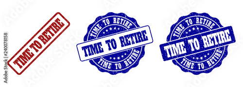 TIME TO RETIRE grunge stamp seals in red and blue colors. Vector TIME TO RETIRE labels with distress effect. Graphic elements are rounded rectangles, rosettes, circles and text labels.